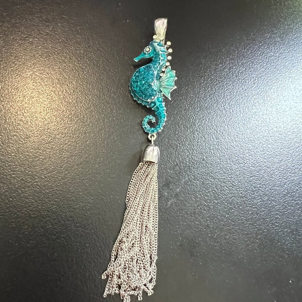 Roman Seahorse Pendant Blue‎ Enamel Crystal Tassel Statement Ocean Jewelry